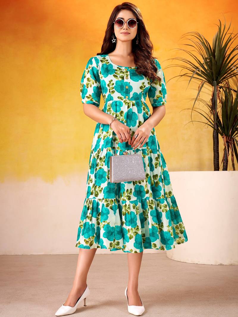 Beautiful Teal Green Flower Printed Silk Summer Wear Dress