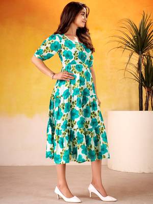 Beautiful Teal Green Flower Printed Silk Summer Wear Dress 3