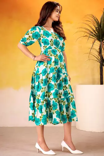 Beautiful Teal Green Flower Printed Silk Summer Wear Dress