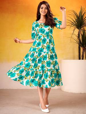 Beautiful Teal Green Flower Printed Silk Summer Wear Dress 4