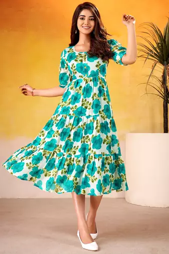Beautiful Teal Green Flower Printed Silk Summer Wear Dress