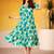 Beautiful Teal Green Flower Printed Silk Summer Wear Dress