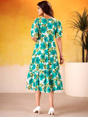 Beautiful Teal Green Flower Printed Silk Summer Wear Dress 5