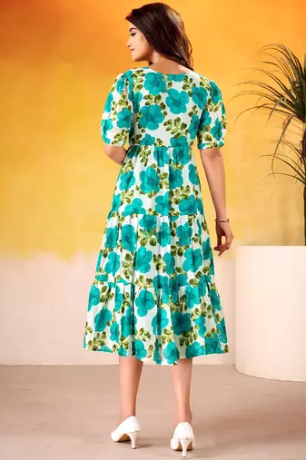 Beautiful Teal Green Flower Printed Silk Summer Wear Dress
