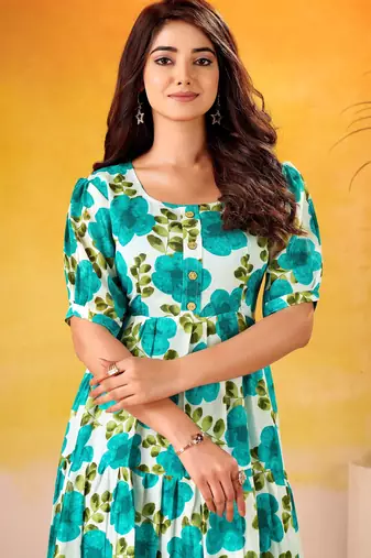 Beautiful Teal Green Flower Printed Silk Summer Wear Dress