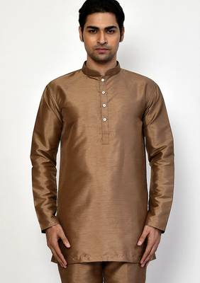 Elegant copper brown raw silk short kurta with pants 3