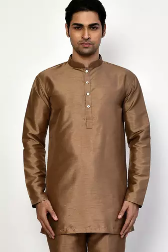 Elegant copper brown raw silk short kurta with pants