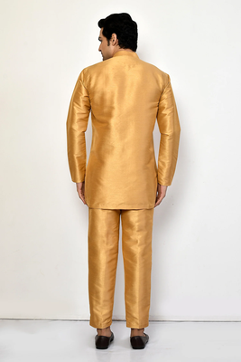 Elegant occasion wear gold raw silk short kurta with pants 3