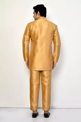 Elegant occasion wear gold raw silk short kurta with pants