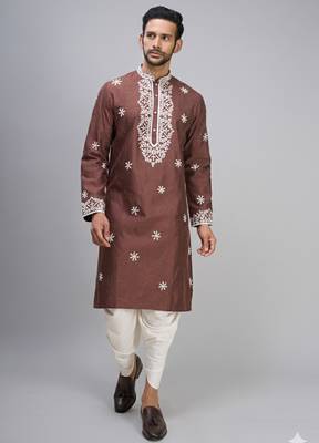brown embroidered silk men’s kurta patiala set 1