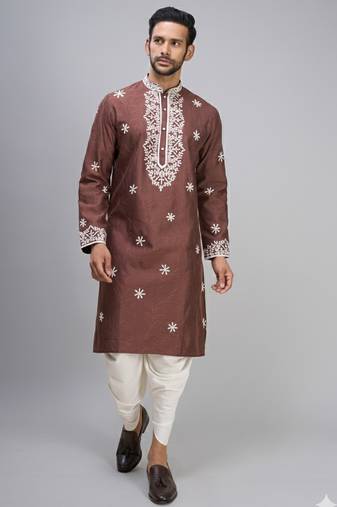 brown embroidered silk men’s kurta patiala set