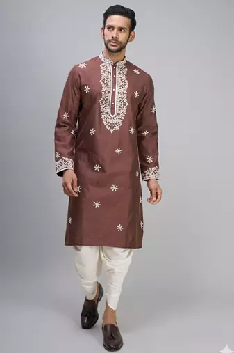 brown embroidered silk men’s kurta patiala set
