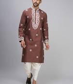 brown embroidered silk men’s kurta patiala set