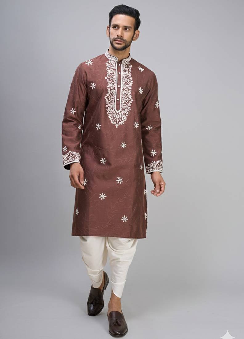 brown embroidered silk men’s kurta patiala set