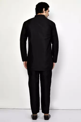 Elegant black raw silk short kurta with pants