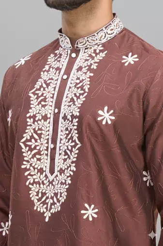 brown embroidered silk men’s kurta patiala set