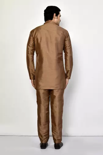 Elegant copper brown raw silk short kurta with pants