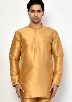Elegant occasion wear gold raw silk short kurta with pants 4
