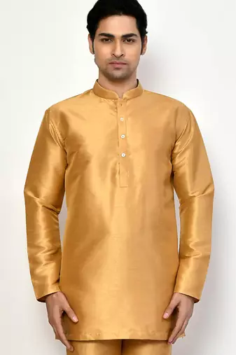 Elegant occasion wear gold raw silk short kurta with pants
