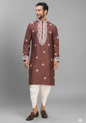brown embroidered silk men’s kurta patiala set 3
