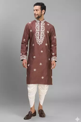 brown embroidered silk men’s kurta patiala set