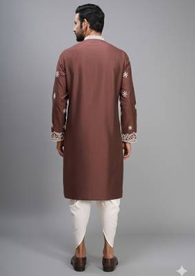brown embroidered silk men’s kurta patiala set 4