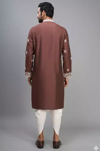 brown embroidered silk men’s kurta patiala set