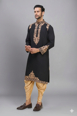 black embroidery work silk men’s kurta patiala set 1