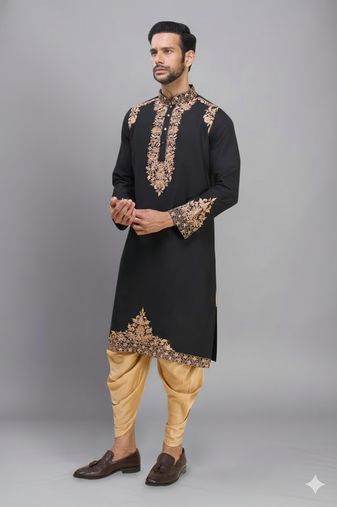 black embroidery work silk men’s kurta patiala set