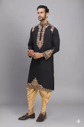black embroidery work silk men’s kurta patiala set