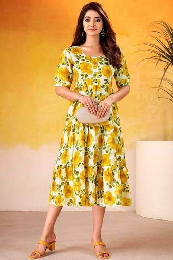 Stunning Mustard Yellow Digital Printed Silk Casual Wear Dress