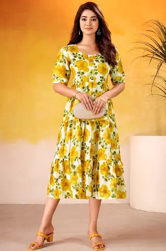Stunning Mustard Yellow Digital Printed Silk Casual Wear Dress