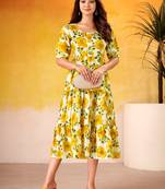Stunning Mustard Yellow Digital Printed Silk Casual Wear Dress