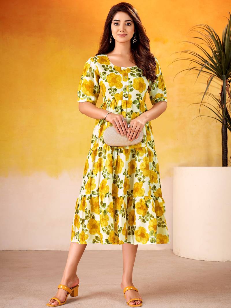 Stunning Mustard Yellow Digital Printed Silk Casual Wear Dress