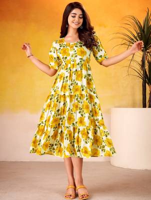 Stunning Mustard Yellow Digital Printed Silk Casual Wear Dress 3