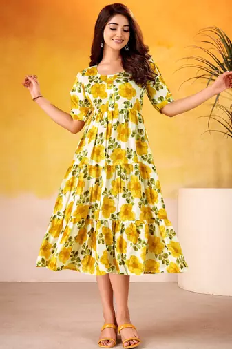 Stunning Mustard Yellow Digital Printed Silk Casual Wear Dress