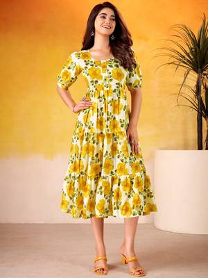 Stunning Mustard Yellow Digital Printed Silk Casual Wear Dress 4