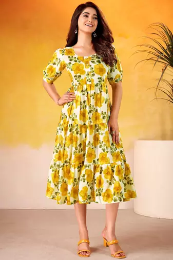 Stunning Mustard Yellow Digital Printed Silk Casual Wear Dress
