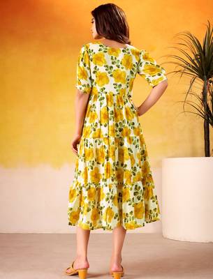 Stunning Mustard Yellow Digital Printed Silk Casual Wear Dress 5