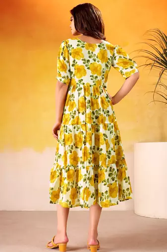 Stunning Mustard Yellow Digital Printed Silk Casual Wear Dress