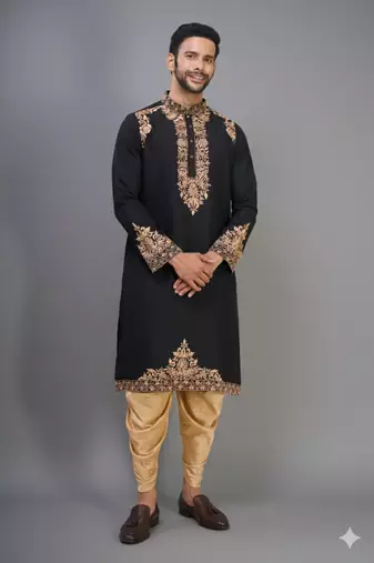 black embroidery work silk men’s kurta patiala set
