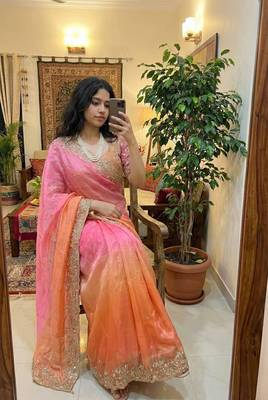Light Pink Color embroidery sequence work sartin  Saree 1