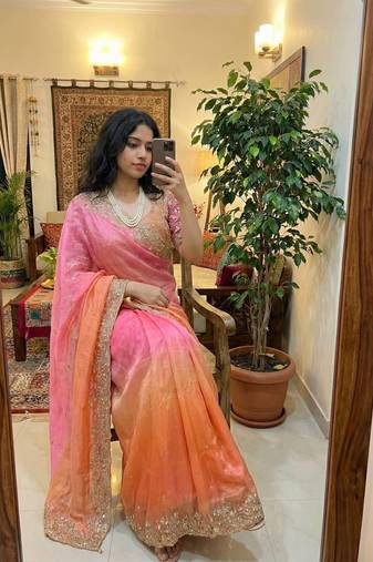 Light Pink Color embroidery sequence work sartin  Saree