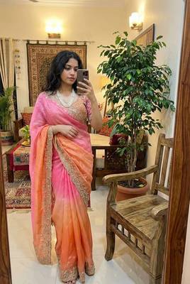 Light Pink Color embroidery sequence work sartin  Saree 2