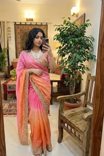 Light Pink Color embroidery sequence work sartin  Saree