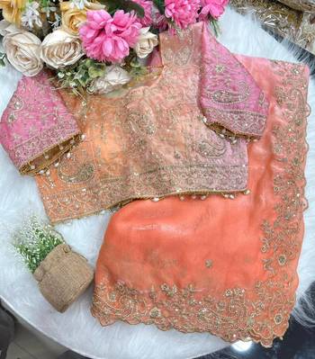 Light Pink Color embroidery sequence work sartin  Saree 3