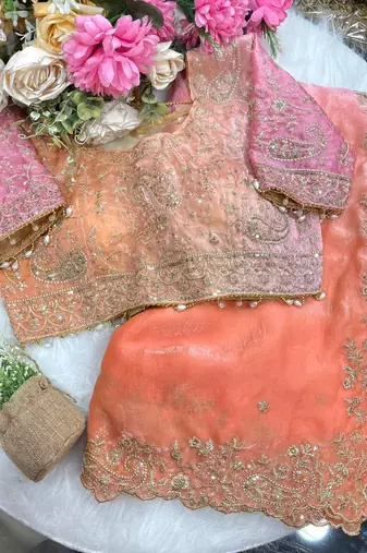 Light Pink Color embroidery sequence work sartin  Saree
