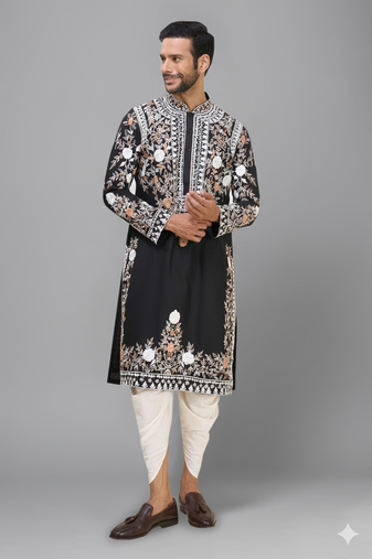 black embroidered silk men’s kurta patiala set