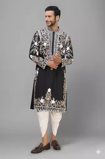 black embroidered silk men’s kurta patiala set