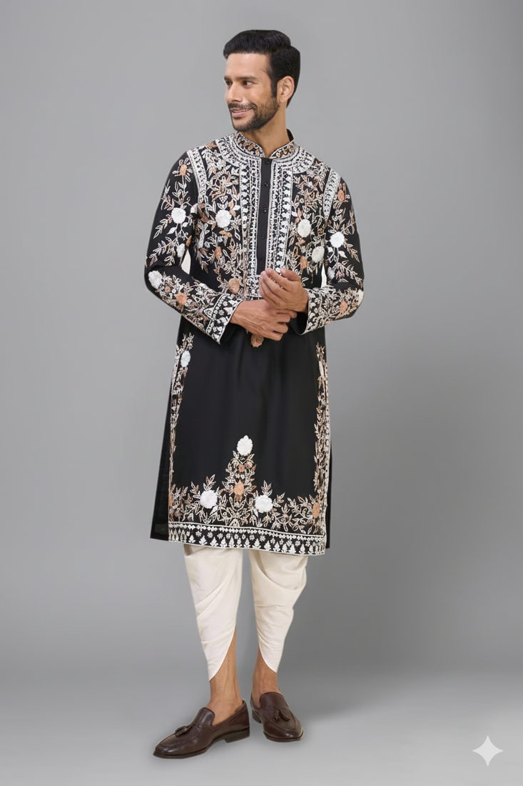 black embroidered silk men’s kurta patiala set